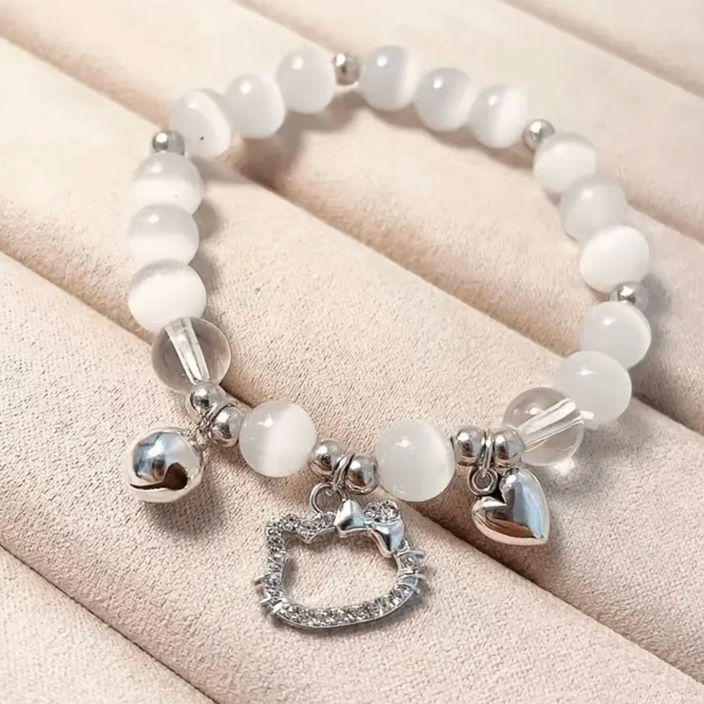 New, White Beaded Hello Kitty Bracelet with Silver Charms - Picture 5 of 5